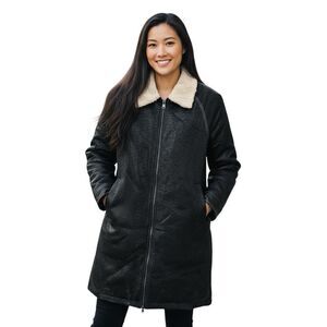 NWT THEKorner Black Faux Leather Faux Fur Mid Length Raglan Sleeve Texured Coat